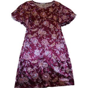 Dress Velvet Puffed Short Sleeve knee-length Floral Burgundy retro